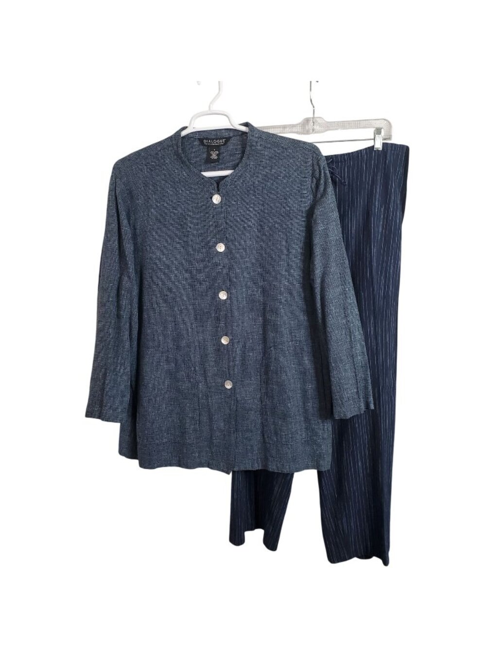 Dialogue Size 1X Set Top Pants Linen Cotton Outfit Button Jacket Striped Pull On